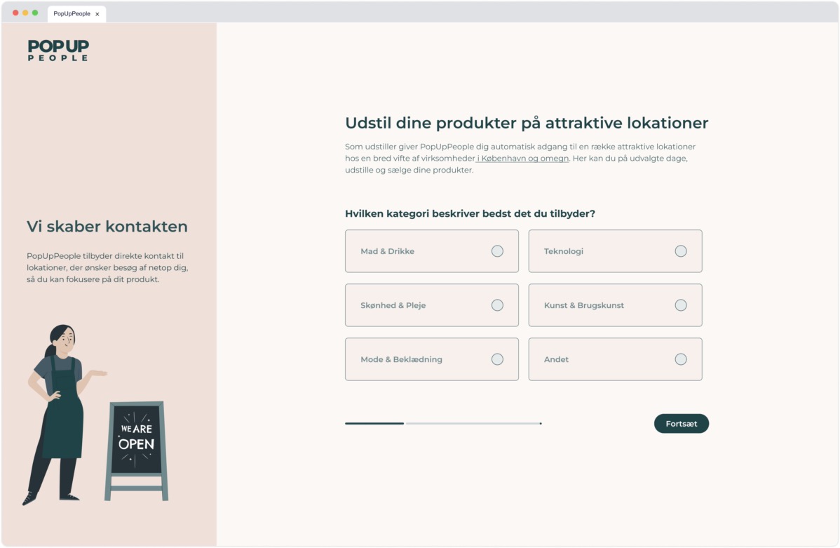 Onboarding step asking user which category best describes their products with six options and an illustration of a vendor next to a "We are Open" sign.